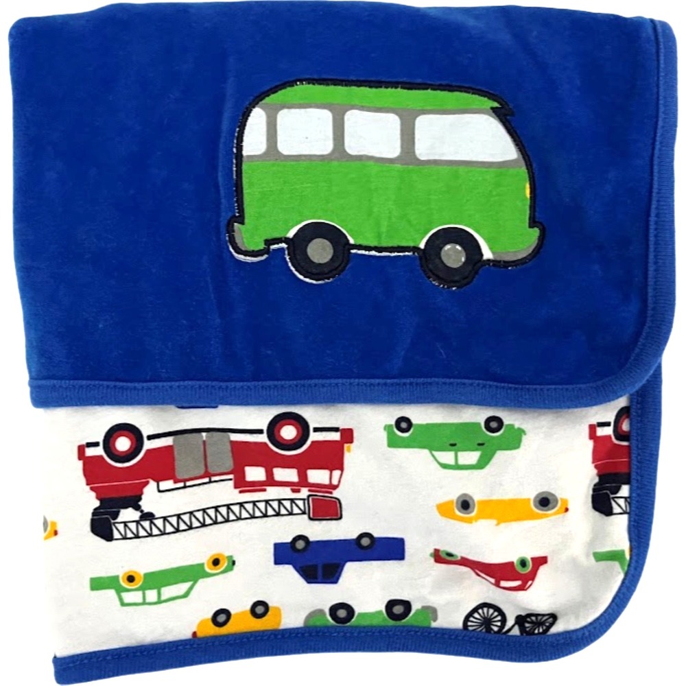 H&M Baby Blanket Blue Green Bus Car Truck Firetruck Vehicles Soft 28x28 Security